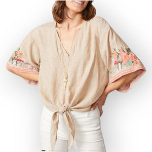Spartina 449 Beige Floral Embroidered Short Sleeve Top